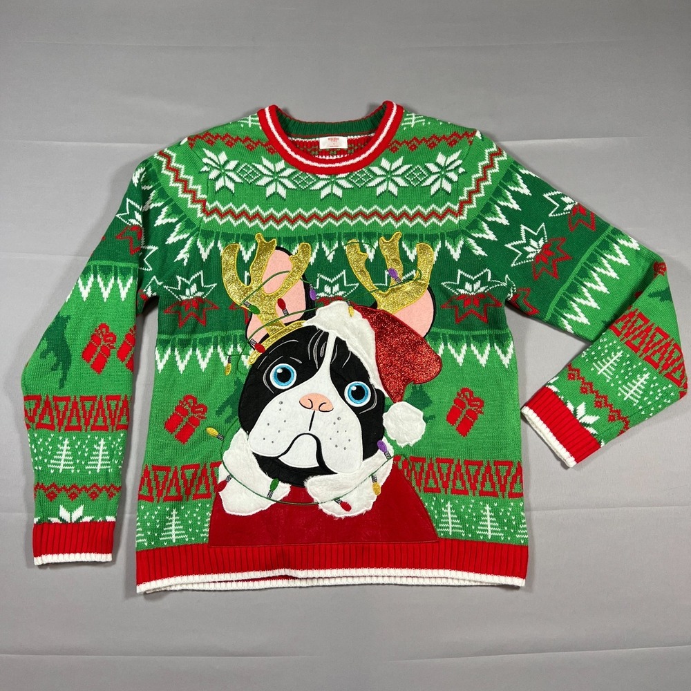 Holiday Time Frenchie Dog Christmas Sweater Mens L Green Tight Knit Ribbed Trim